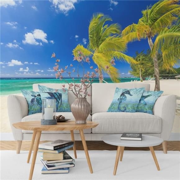 4 Pcs  Beach Throw Pillow Covers 18x18 Coastal Theme Pillow Cases Blue Green - Picture 2 of 6